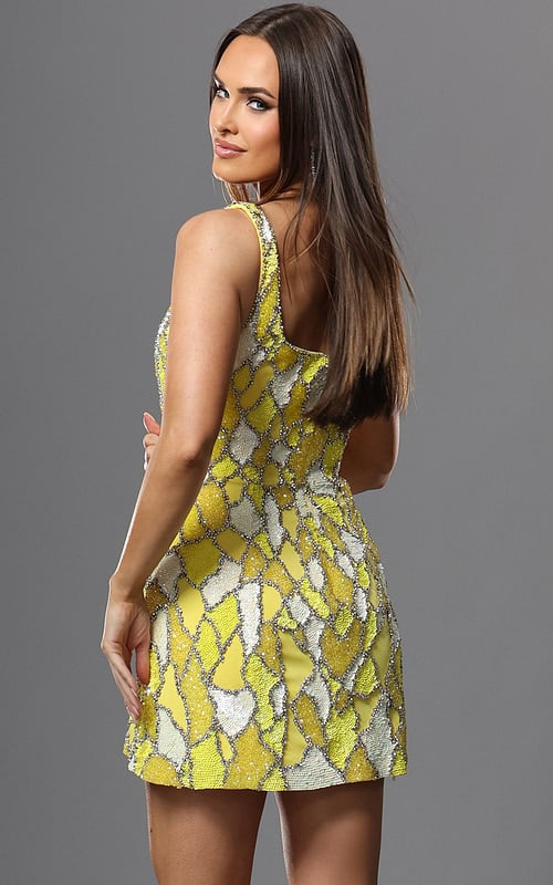 yellow white sheath mini dress with square neck wide strap beaded pattern