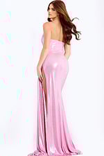 Metallic pink fitted prom gown with elegant cowl neckline