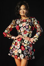 Long sleeve sheer dress covered in colorful 3D floral embroidery