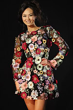 Detailed floral embroidery on sheer long sleeve designer dress