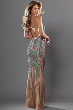 teal blue silver sheath long dress with halter neck keyhole beaded sheer