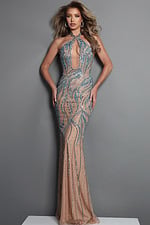 teal blue silver sheath long dress with halter neck keyhole beaded sheer