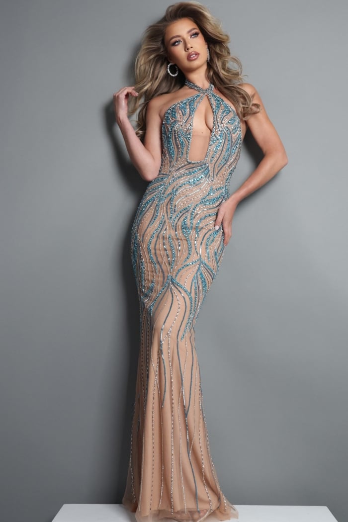 teal blue silver sheath long dress with halter neck keyhole beaded sheer