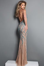 teal blue silver sheath long dress with halter neck keyhole beaded sheer
