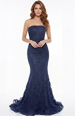 Strapless lace fitted gown with subtle sparkle and flared hem