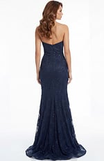 Back view of strapless lace gown with fitted bodice and soft train