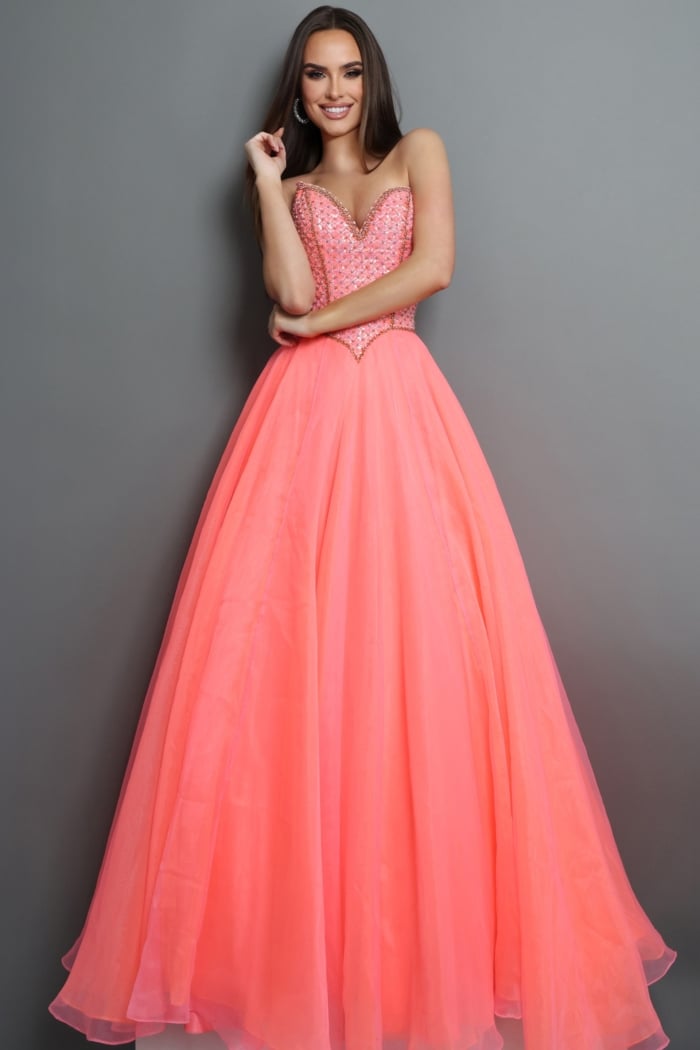 strapless beaded corset ball gown with tulle skirt