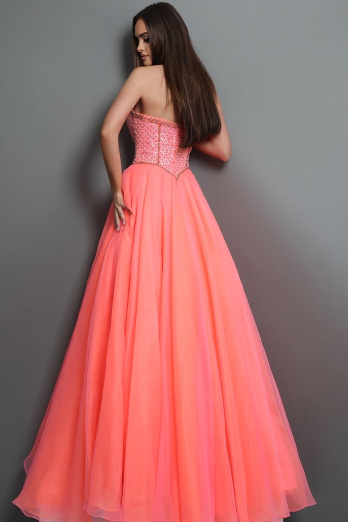 strapless beaded corset ball gown with tulle skirt