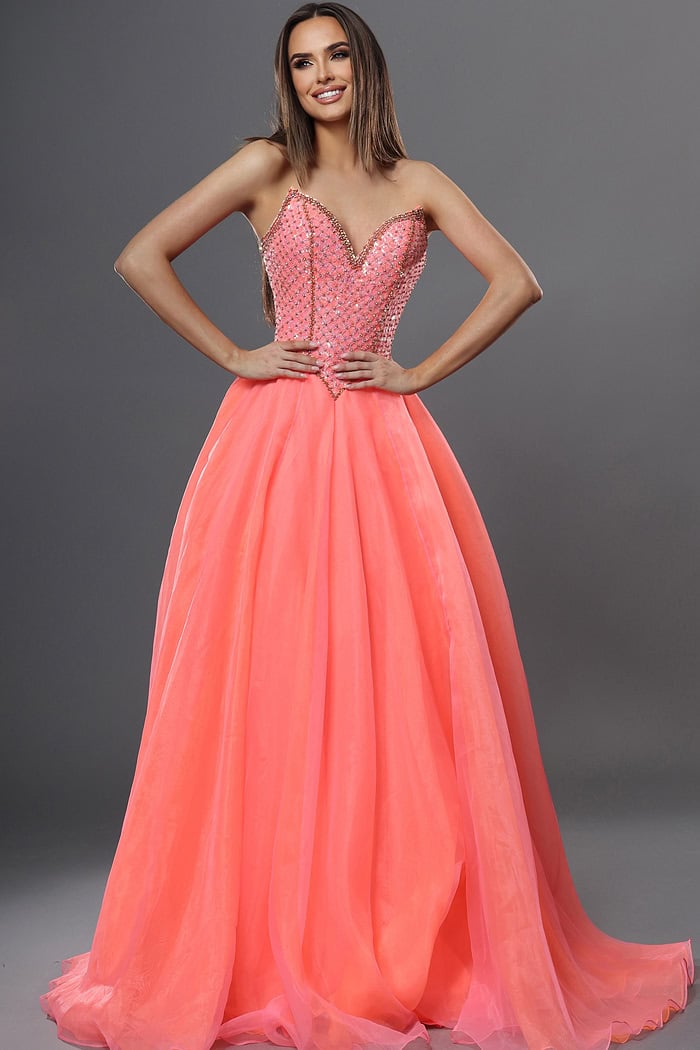 strapless beaded corset ball gown with tulle skirt