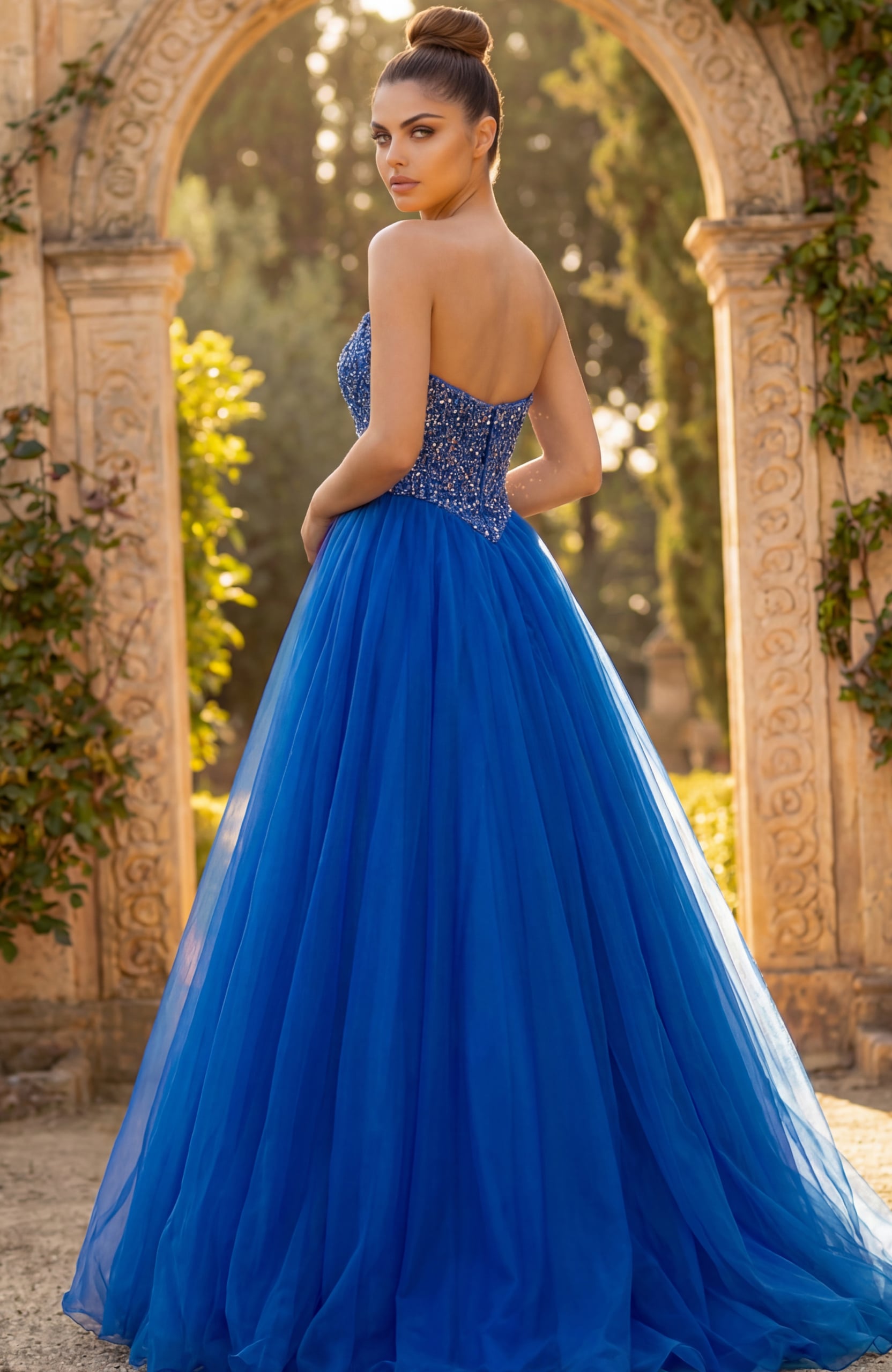 Back view of strapless beaded gown with layered tulle skirt and open back