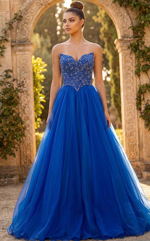 Strapless beaded ball gown with fitted bodice and full tulle skirt