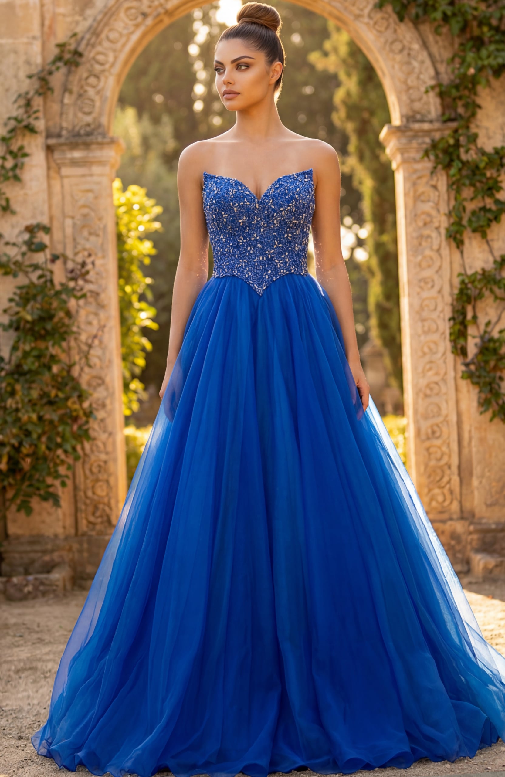 Strapless beaded ball gown with fitted bodice and full tulle skirt