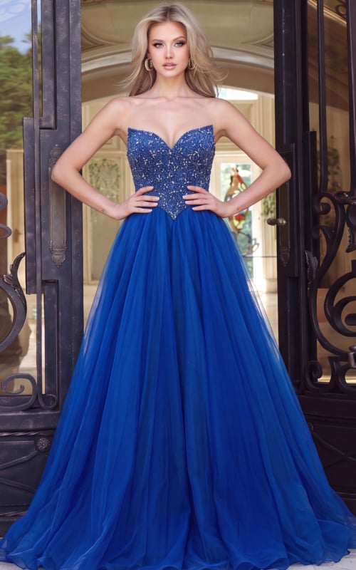 v neckline strapless royal blue a line dress 47197