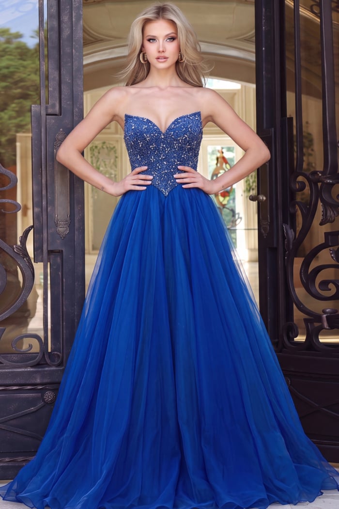 v neckline strapless royal blue a line dress 47197