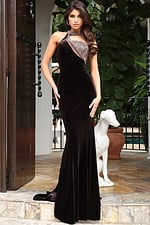 Jovani 47199 brown velvet fitted mermaid evening gown with crystal choker halter neckline, asymmetric beaded sheer cutout bodice, and sweep train