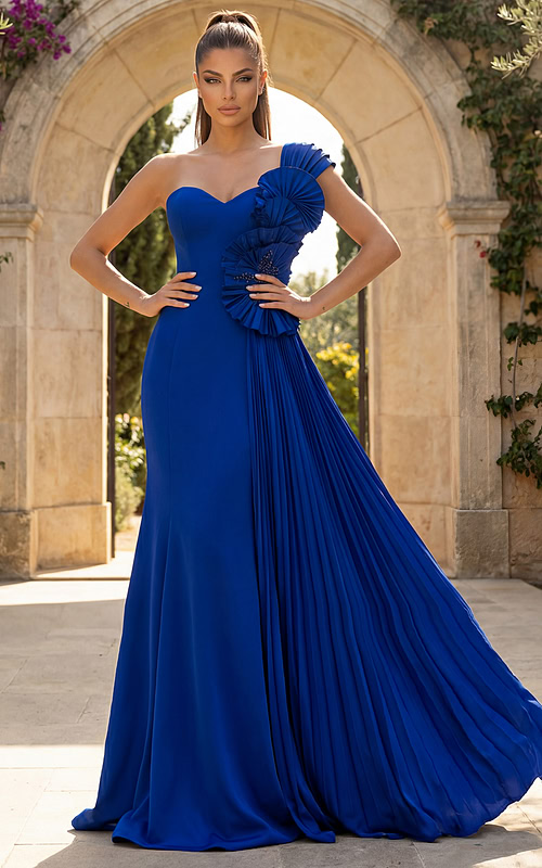 Elegant one shoulder blue gown with statement rosette detailing and flowing silhouette