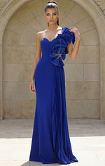 Sophisticated cobalt evening gown with pleated side drape and dramatic floral accents