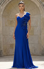 Sleek royal blue gown with asymmetrical shoulder strap and sculptural rosette design