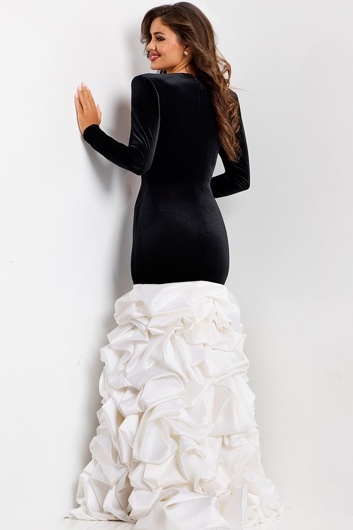 Jovani velvet long sleeve gown with ruffled white skirt