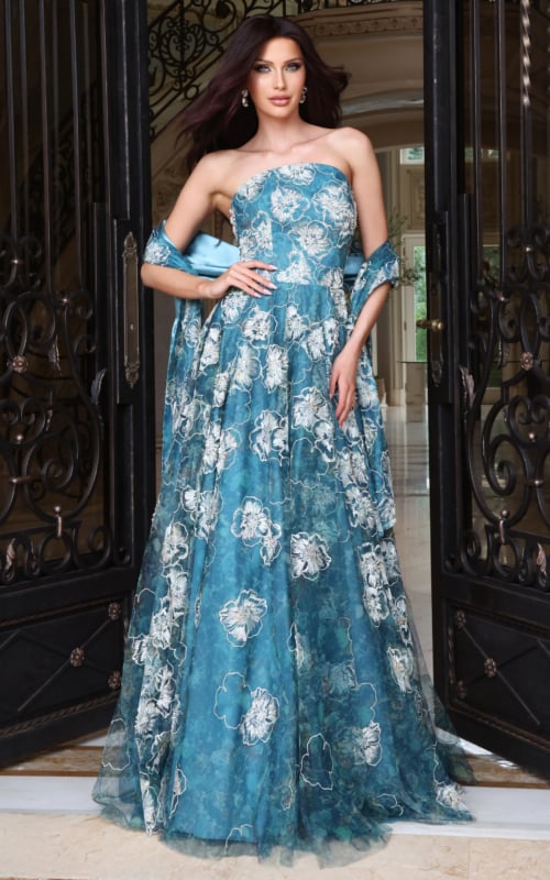 Teal floral appliqué ball gown with off-the-shoulder neckline and full skirt, front view