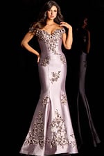 satin formal dress with beaded floral appliques