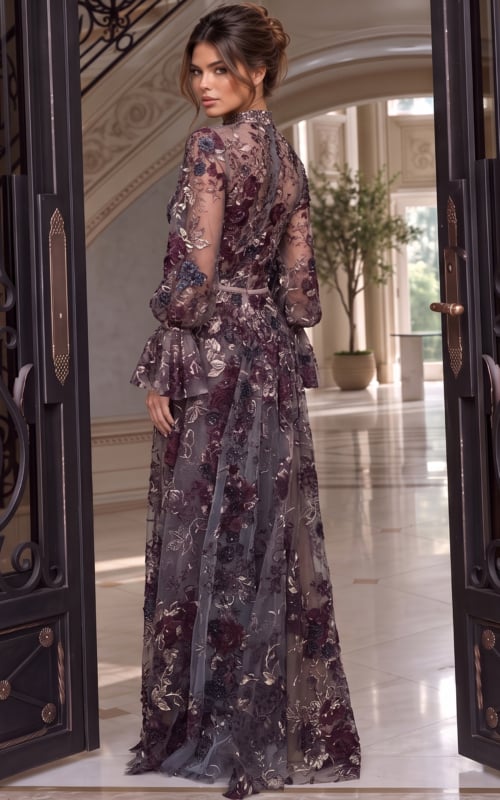 Back view of mauve floral embroidered tulle gown showing the sheer back and long sleeves