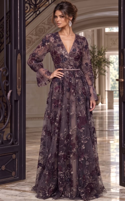 Mauve floral embroidered tulle gown with V neckline, sheer long sleeves and flowing A line skirt