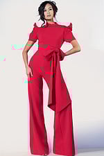 Elegant red jumpsuit with puff sleeves and oversized waist bow