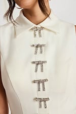 Detail shot of collar and front rhinestone bow embellishments