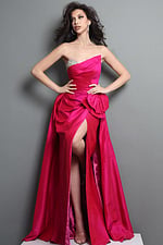 hot pink fit and flare long dress with strapless sweetheart sequin slit bow