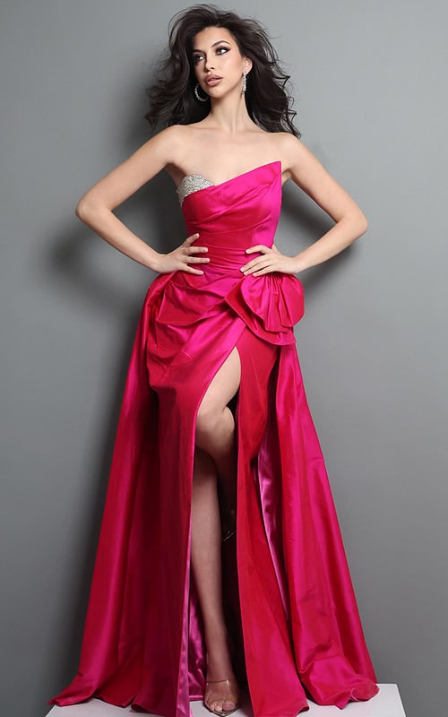 hot pink fit and flare long dress with strapless sweetheart sequin slit bow