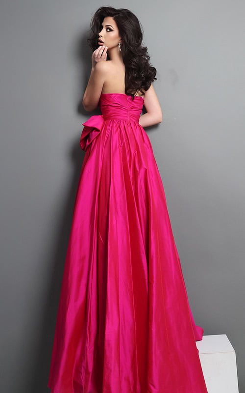 hot pink fit and flare long dress with strapless sweetheart sequin slit bow