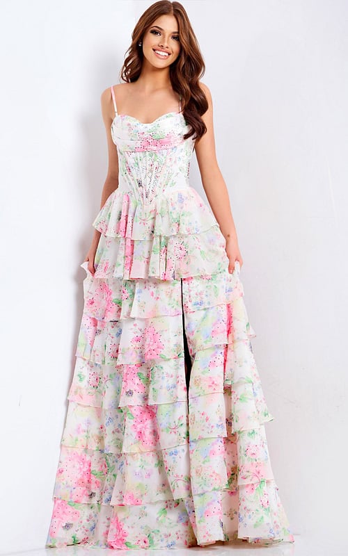 Floral corset prom dress with tiered ruffles