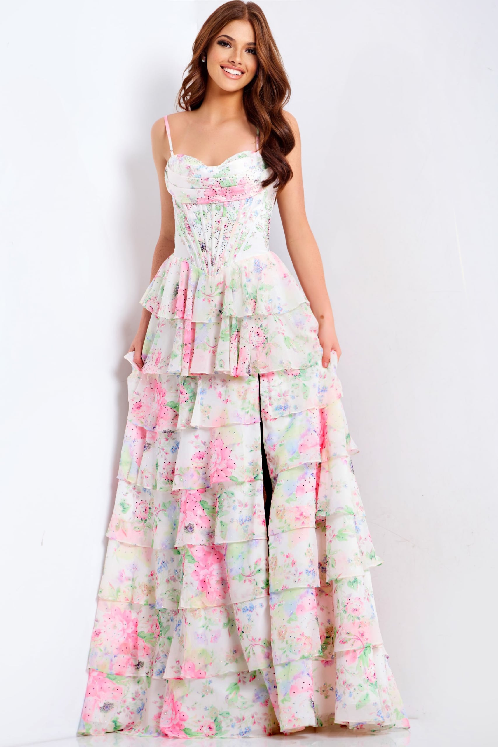 Floral Tiered Dress With Corset Bodice | Jovani