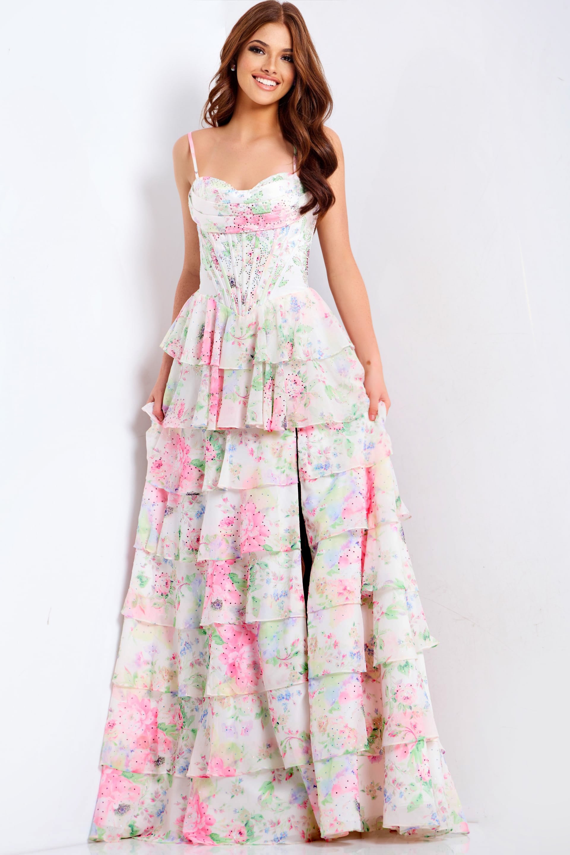 47282-3 Floral corset prom dress with tiered ruffles