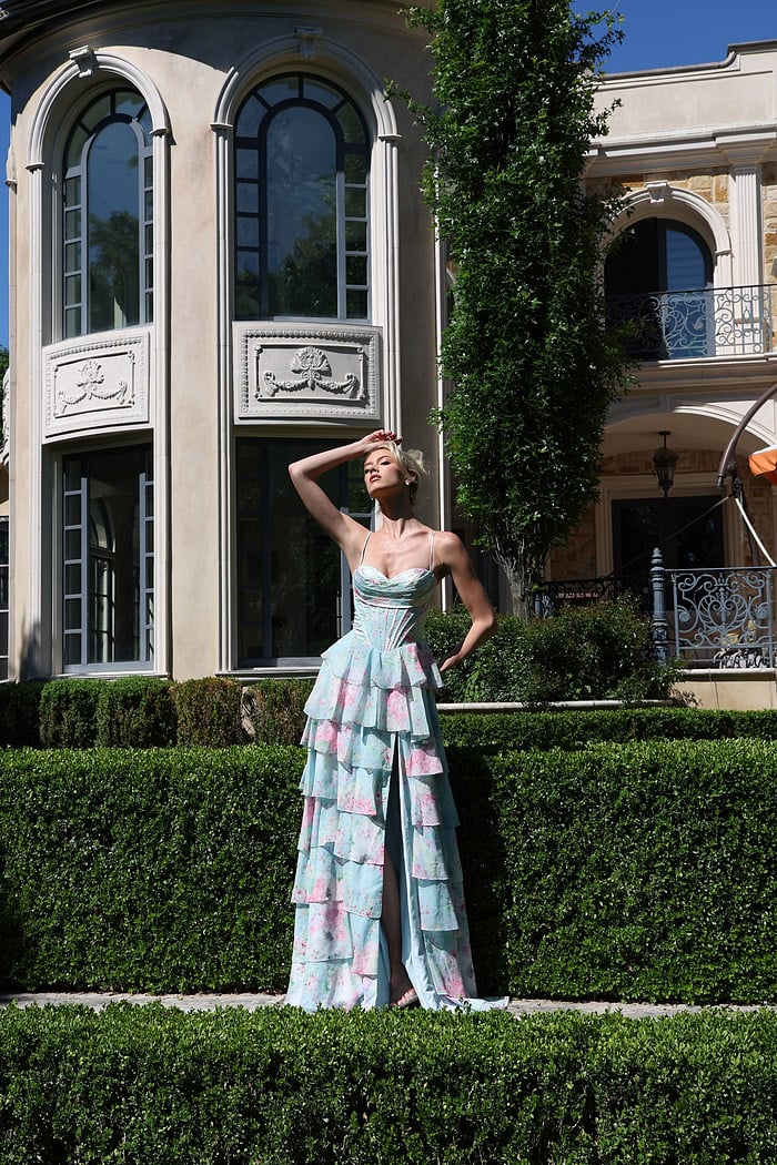 floral tiered ball gown with corset bodice