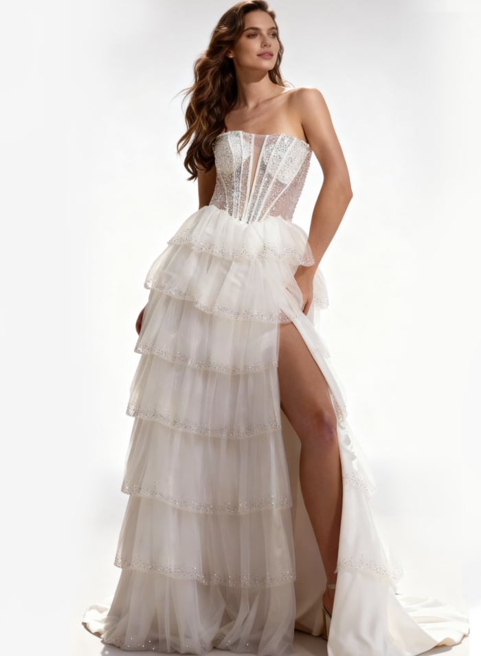 Strapless sequin corset prom dress with lace-up back