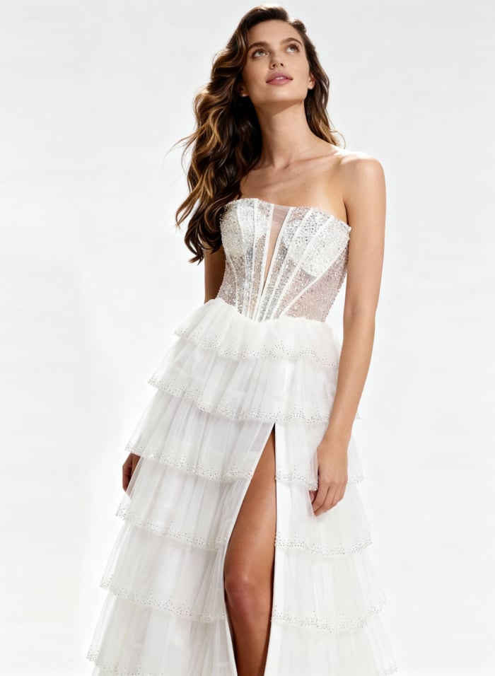Tiered tulle prom gown with shimmering sequin details