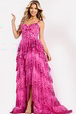 Pink tiered sequin prom dress with sweetheart neckline and straps