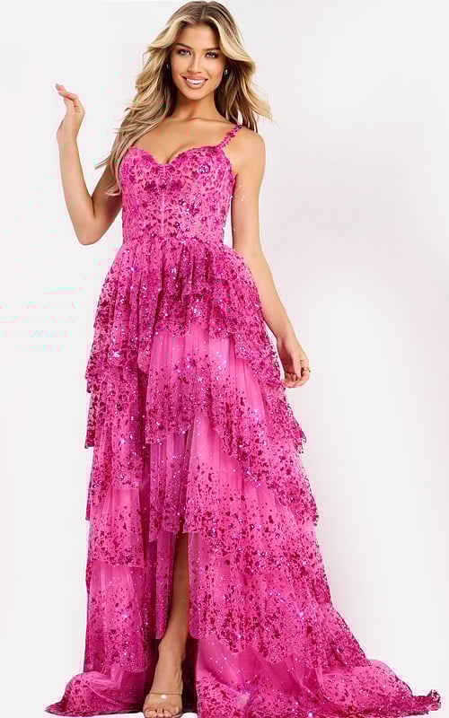 Pink tiered sequin prom dress with sweetheart neckline and straps