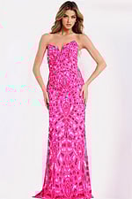 Hot pink fitted prom gown with strapless bodice and reflective beadwork