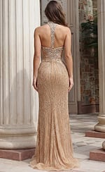 Back view of fitted beaded gown with illusion panel and central strap detail