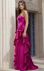 Side view of Jovani 47386 fuchsia satin strapless evening gown with structured bodice and cascading layered ruffle detail from the hip dow