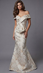 Front view of an off the shoulder fitted evening gown with a structured bodice and flared hem