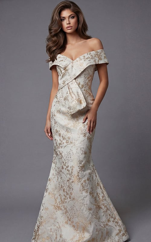 Front view of an off the shoulder fitted evening gown with a structured bodice and flared hem