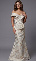 Front angled view of an off the shoulder formal dress with a sculpted waist detail