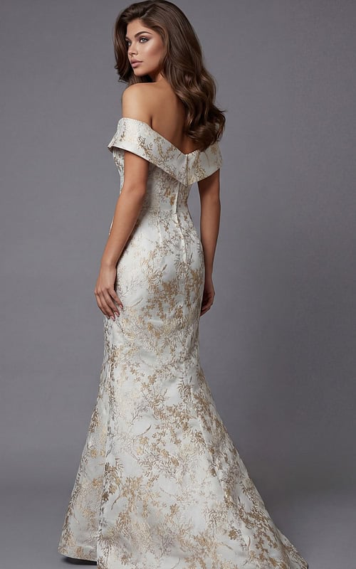 Back view of an off the shoulder evening gown with a fitted silhouette and floor length skirt