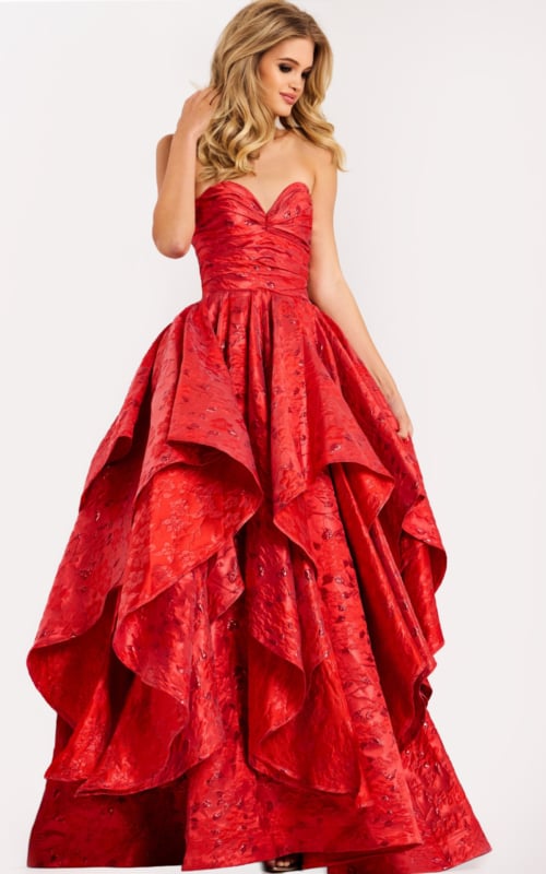 Elegant strapless ruffle prom gown