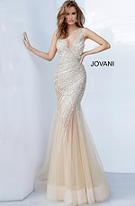 Model wearing Jovani 4741 dress in nude with a V-neckline, sequin detailing, and sheer skirt.