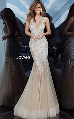 Model showcasing Jovani 4741 gown in nude with sequin embellishments in front view.